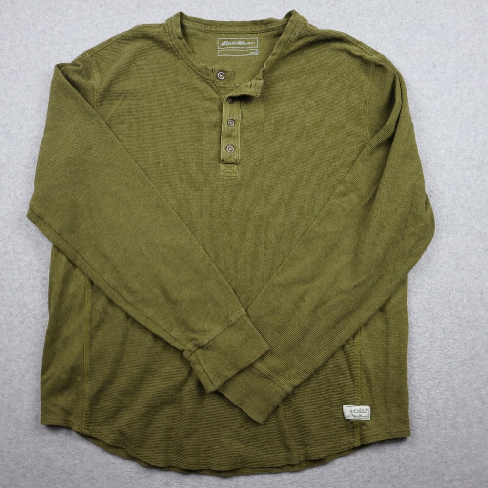 Eddie Bauer Henley Mens Large Waffle Knit Green Long Sleeve Button Casual Cotton